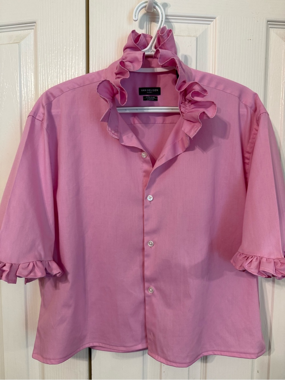 Van Heusen Pink Ruffle Collar Short-Sleeve Button-Down Shirt